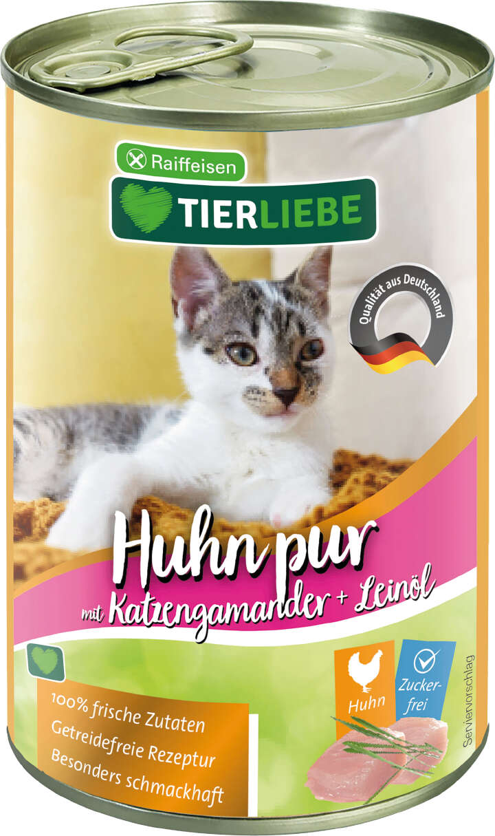 TIERLIEBE Katzen-Nassfutter Huhn pur mit Katzengamander + Leinöl